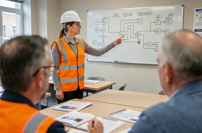 Formatrice en habilitation électrique animant une session de formation professionnelle dans un centre de formation