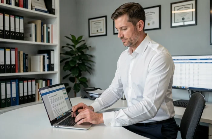 Employé remplissant un formulaire de déclaration de cadeau professionnel sur ordinateur