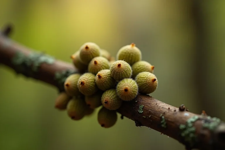 Galles de chêne brunes sur une branche d'arbre en forêt, vue macro rapprochée montrant la texture détaillée des excroissances
