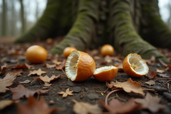 Galles de chêne tombées sur le sol de forêt en automne, certaines ouvertes révélant leur structure intérieure fibreuse