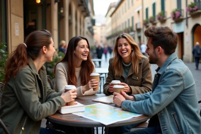 Groupe de jeunes étudiants discutant en terrasse de café lors d'un séjour linguistique en Europe