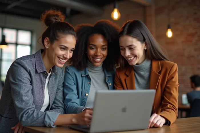 Groupe de jeunes professionnels discutant des dernières tendances numériques autour d'un ordinateur en espace de coworking