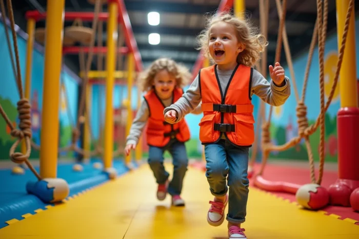 Deux jeunes enfants s'amusent sur un parcours ludique adapté aux petits dans la salle Hapik Lille, conçue pour les plus jeunes grimpeurs