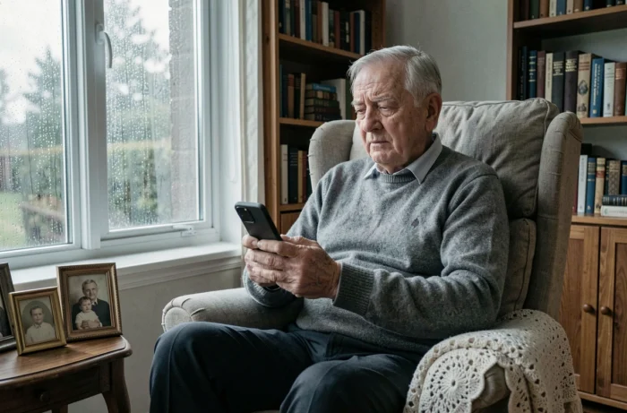 Homme âgé tenant un smartphone dans un fauteuil, regard perdu dans ses pensées, entouré de souvenirs familiaux