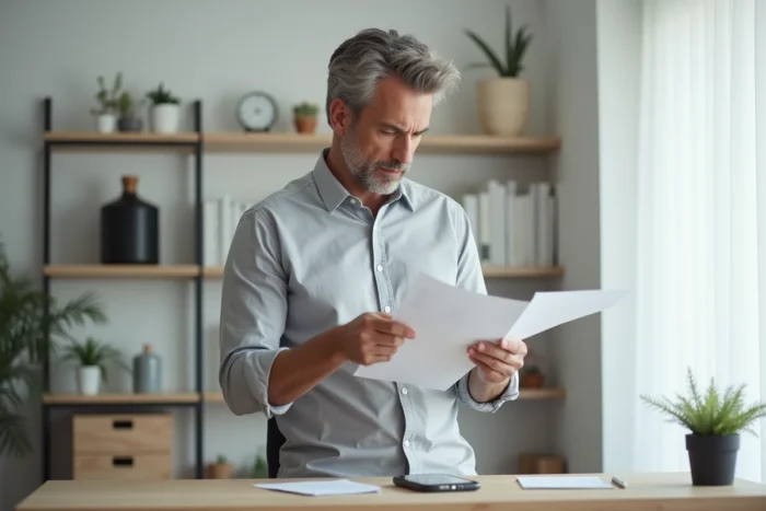 Homme en chemise comparant des relevés bancaires dans un bureau à domicile minimaliste
