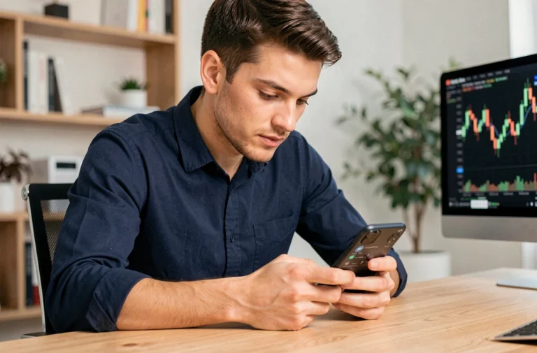 Jeune homme professionnel consultant une application d'investissement en crypto-monnaie sur son smartphone dans un bureau moderne