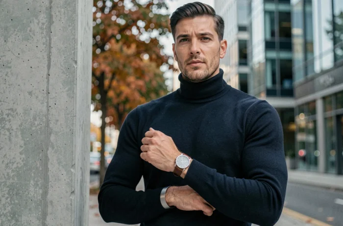 Homme stylé en col roulé marine montrant un bracelet en argent et une montre élégante dans un cadre urbain contemporain
