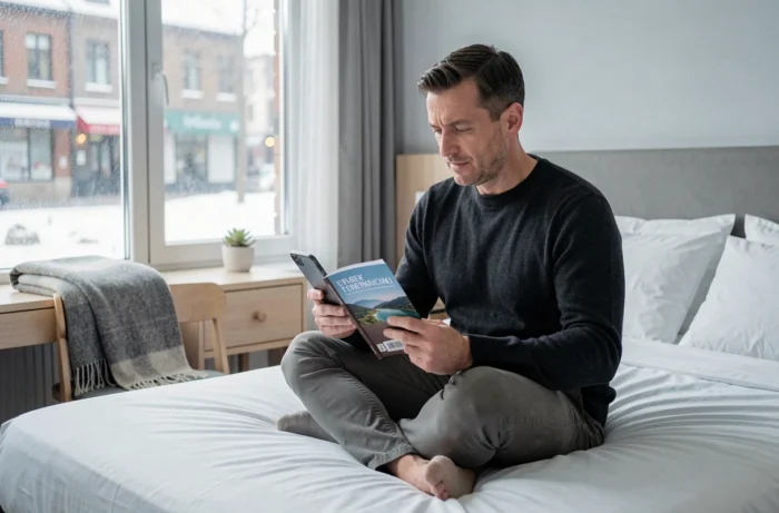 Homme comparant des hébergements dans une chambre d'hôtel au style scandinave épuré