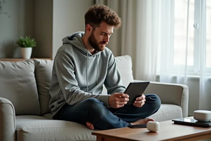 Jeune homme connecté consultant des tendances numériques sur tablette dans un appartement minimaliste contemporain