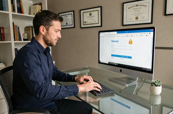 Homme connecté à sa messagerie professionnelle IA85 depuis un bureau à domicile sur ordinateur fixe