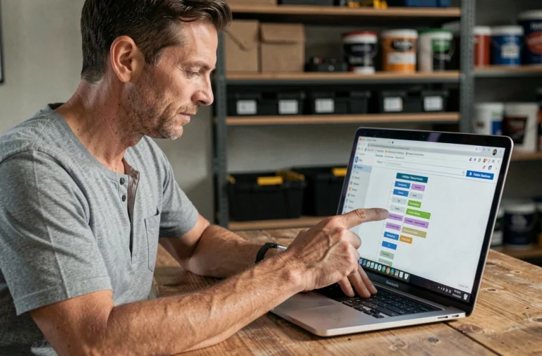 Homme consultant un sitemap de site de bricolage sur un ordinateur portable dans un bureau à domicile