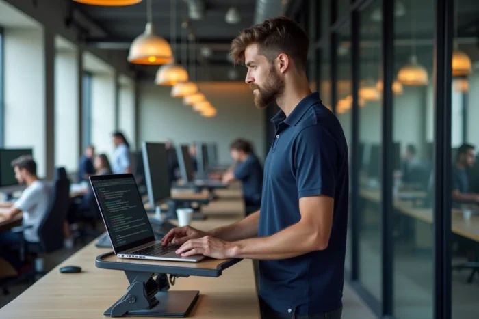 Homme debout dans un espace de coworking consultant des ressources de développement web sur son ordinateur portable
