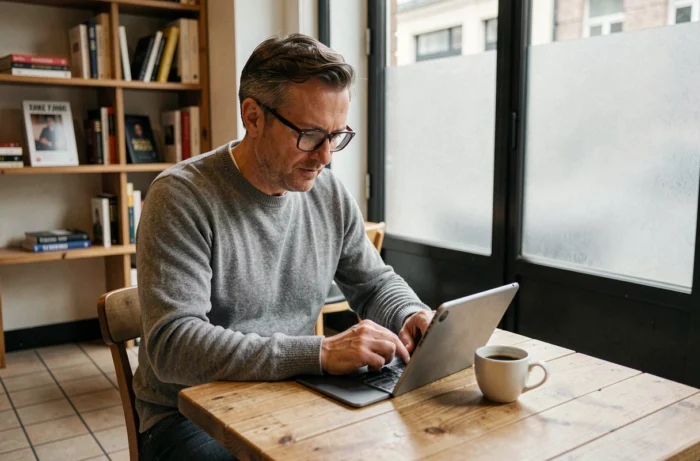 Homme lisant des actualités professionnelles sur tablette dans un café urbain