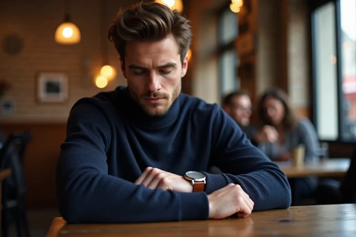 Homme élégant ajustant une montre minimaliste en argent dans un café parisien