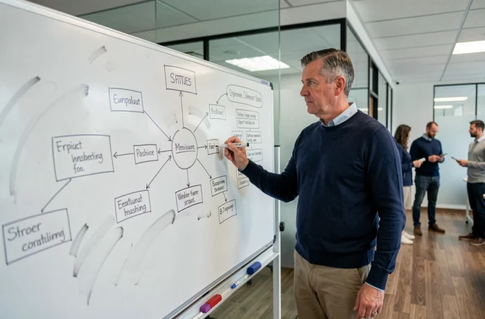 Homme en pull marine présentant un plan de site dessiné à la main sur un grand tableau blanc en espace collaboratif