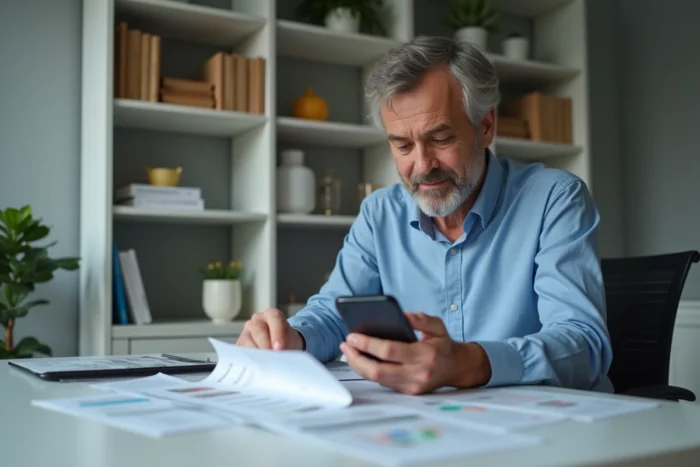 Homme consultant ses relevés bancaires et son application financière dans un bureau à domicile