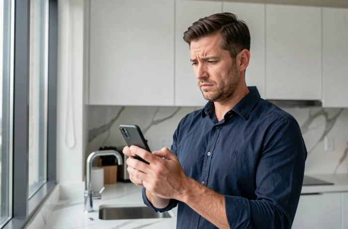 Homme consultant son smartphone pour contacter l'ANTS gratuitement depuis sa cuisine