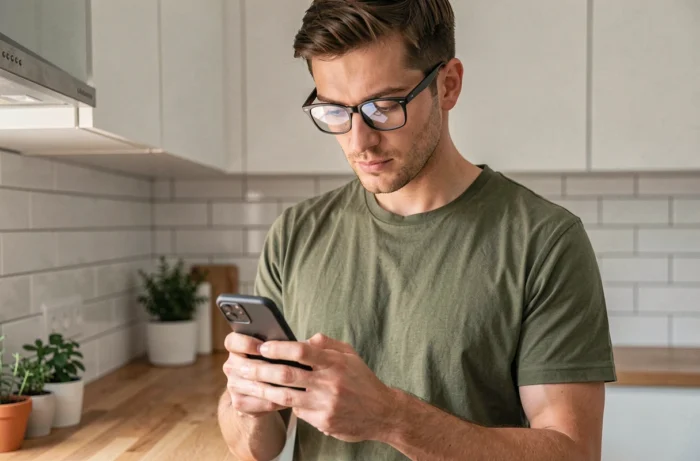 Homme consultant les services de lamodeethique.com sur smartphone dans une cuisine moderne