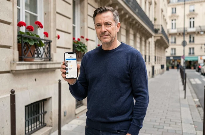 Homme consultant le plan du site Paris Blogged sur smartphone dans une rue haussmannienne