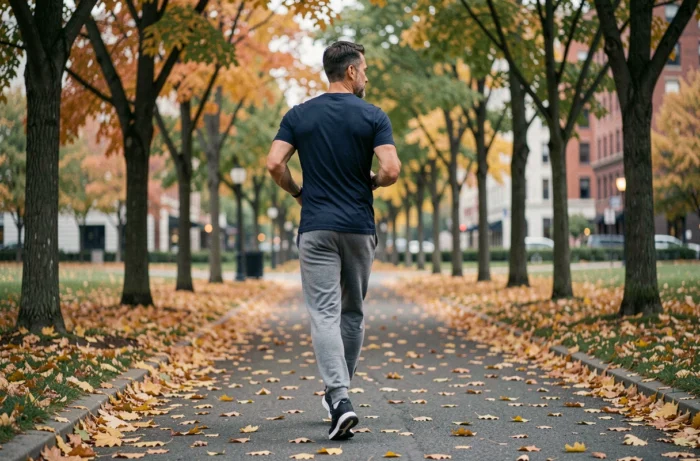 Homme en train de courir dans un parc urbain en automne pour prendre soin de sa santé physique