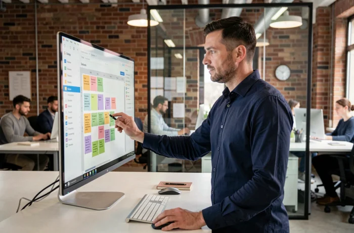 Homme organisant des tâches sur un tableau kanban numérique dans un bureau moderne en open space