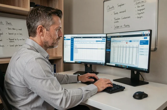 Homme travaillant seul sur une solution numérique de gestion administrative depuis un bureau à domicile professionnel