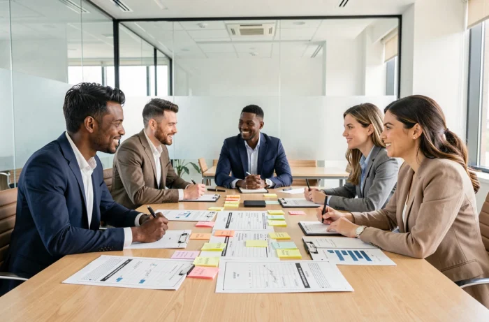 Une équipe pluridisciplinaire de métiers collaborant à la rédaction d'un cahier des charges pour un projet de digitalisation