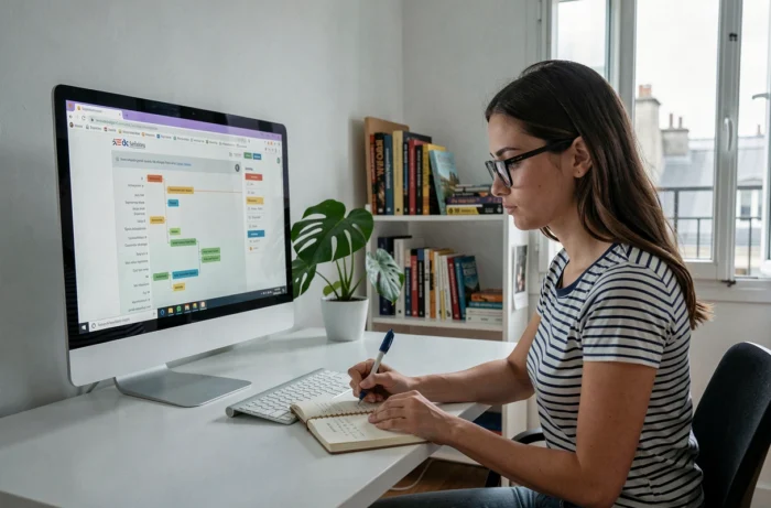 Jeune femme prenant des notes sur le plan du site Paris Blogged depuis son bureau à domicile à Paris