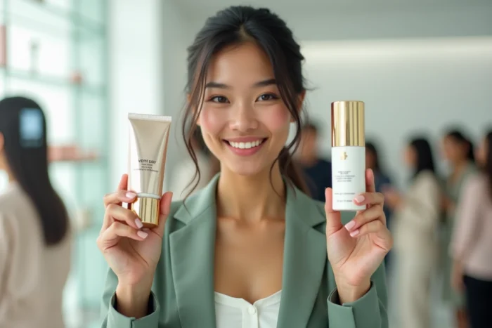 Jeune femme comparant deux produits de beauté tendance dans une boutique cosmétique lumineuse lors d'un événement beauté