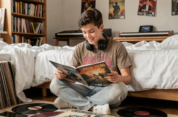 Jeune garçon écoutant de la musique entouré de vinyles dans sa chambre, reflétant une passion musicale naturelle et authentique