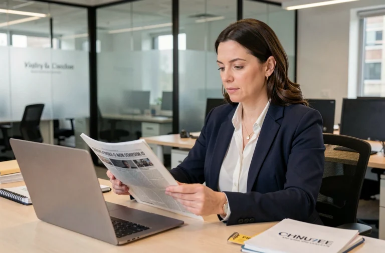 Journaliste professionnelle analysant des actualités dans une salle de rédaction moderne