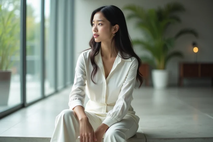 Jeune femme talentueuse assise dans un espace intérieur moderne, tenue élégante minimaliste, pour illustrer la montée en popularité de Kaatsup Kalina