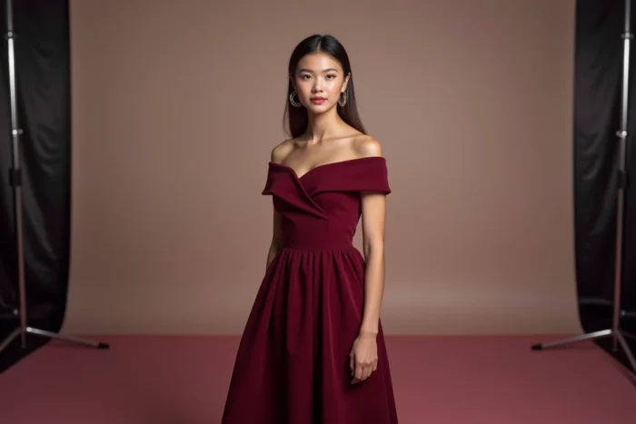 Portrait presse d'une jeune femme en robe bordeaux lors d'un événement médiatique, illustrant la carrière et la personnalité de Kaatsup Kalina