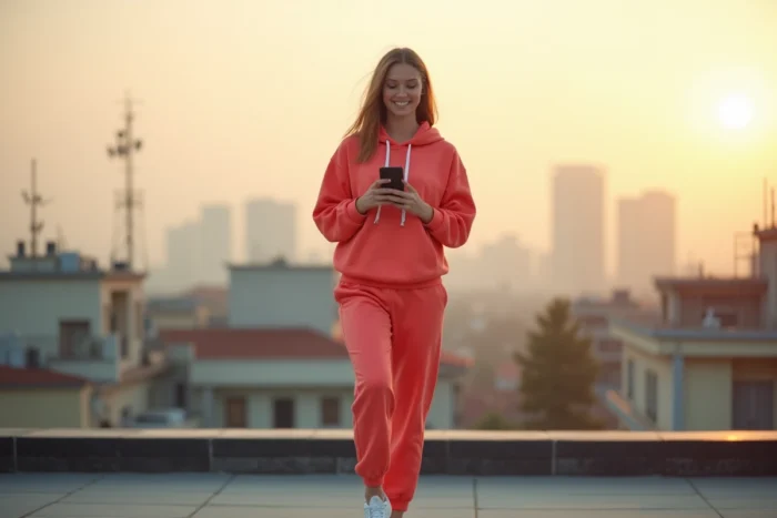 Jeune célébrité en tenue athleisure sur une terrasse urbaine, riant avec son téléphone, photo illustrant la notoriété grandissante de Kaatsup Kalina