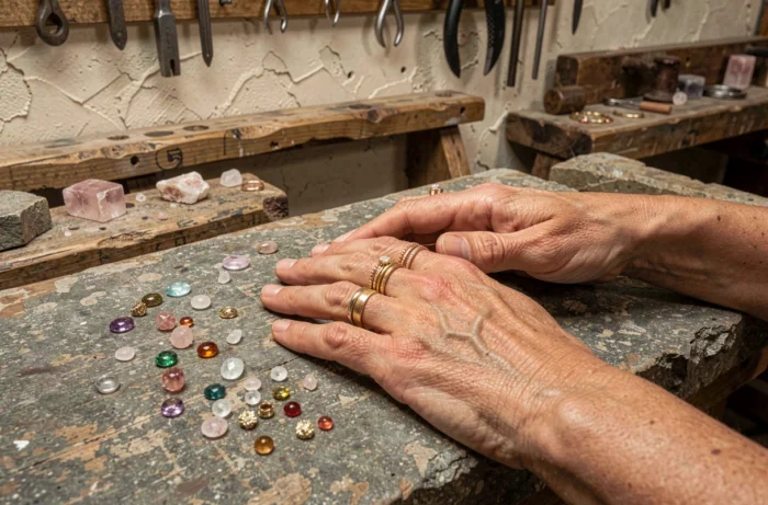 Mains féminines ornées de bagues empilées en or et or rose posées sur un établi de bijoutier artisanal avec des pierres brutes