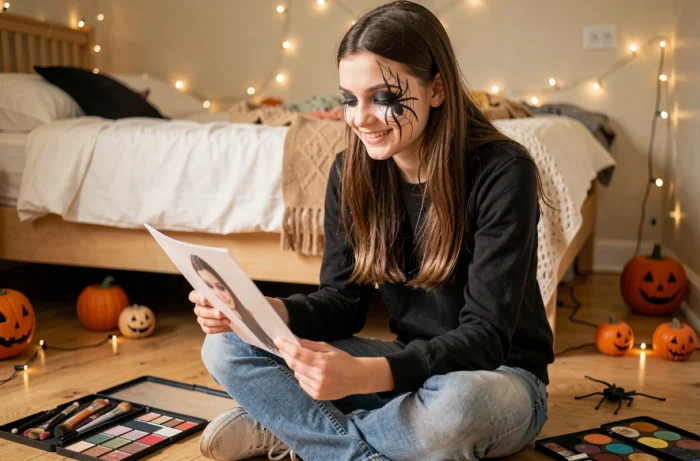 Adolescente réalisant un maquillage araignée DIY avec des produits de maquillage classiques dans sa chambre