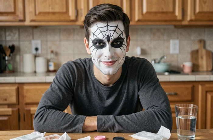 Homme adulte avec un maquillage araignée complet réalisé avec des produits basiques, posant dans une cuisine