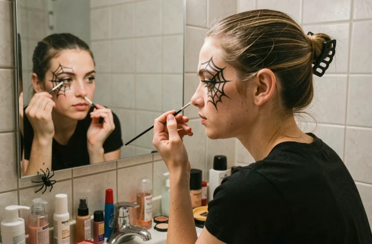 Jeune femme appliquant un maquillage araignée toile autour de l'œil devant un miroir de salle de bain avec des produits du quotidien