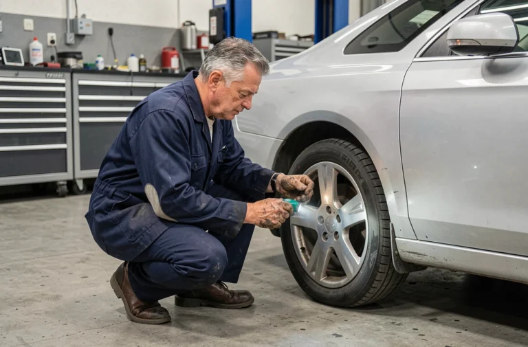 Mécanicien inspectant une voiture d'occasion dans un garage professionnel