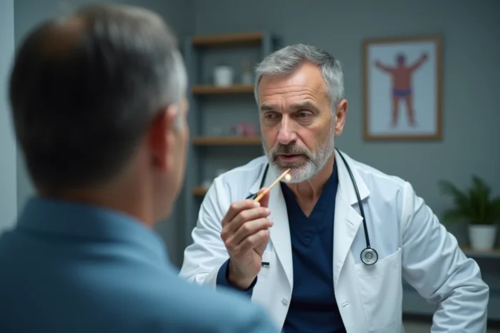 Médecin généraliste examinant la gorge d'un patient avec une lampe médicale pour diagnostiquer une angine