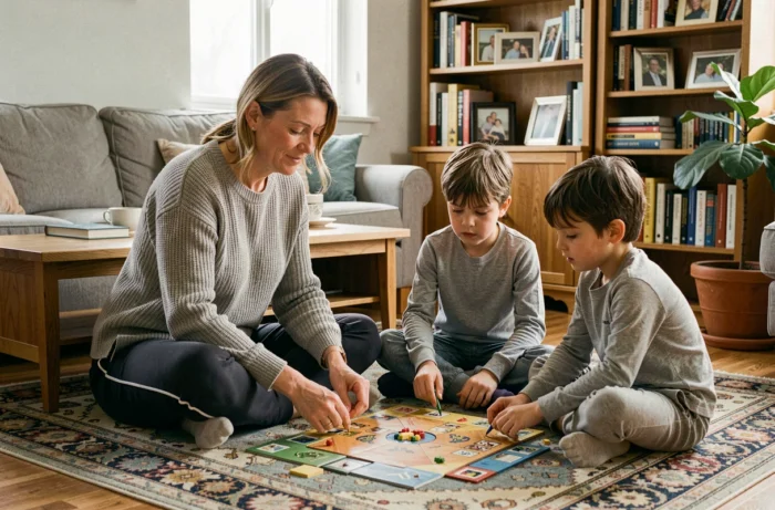 Mère et enfants jouant à un jeu de société ensemble dans un salon chaleureux