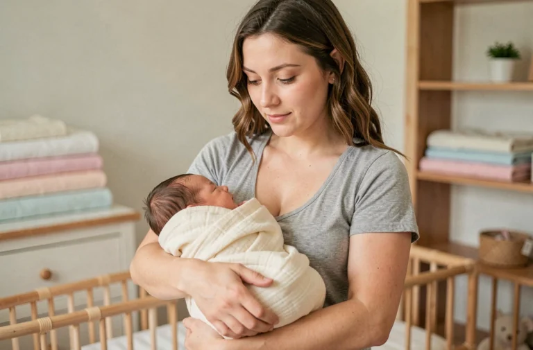 Jeune mère tenant délicatement son nouveau-né emmailloté dans une mousseline crème dans une chambre de bébé en bois clair