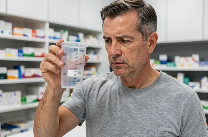 Homme inspectant une tasse graduée médicale à hauteur des yeux pour mesurer 50 centilitres en millilitres