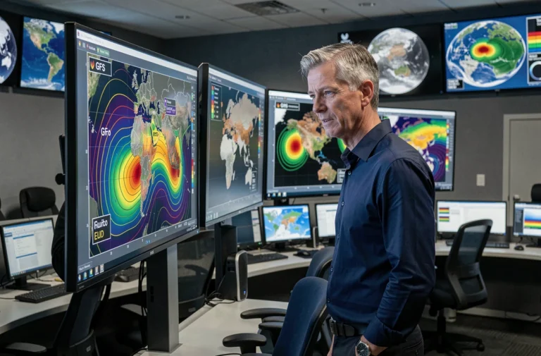Météorologue analysant les modèles GFS et Euro sur des écrans dans un centre de prévision météorologique professionnel