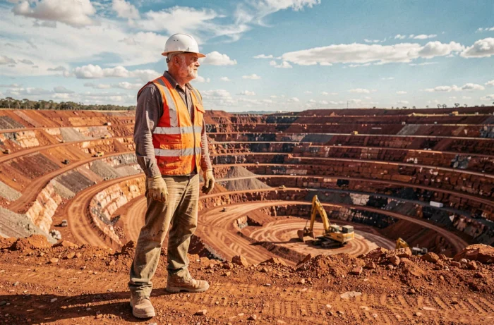 Mineur australien en tenue de sécurité contemplant une mine à ciel ouvert dans l'outback australien