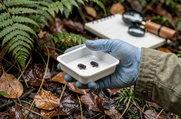 Main de naturaliste tenant un plateau de collecte avec des excréments de salamandre lors d'un inventaire en forêt
