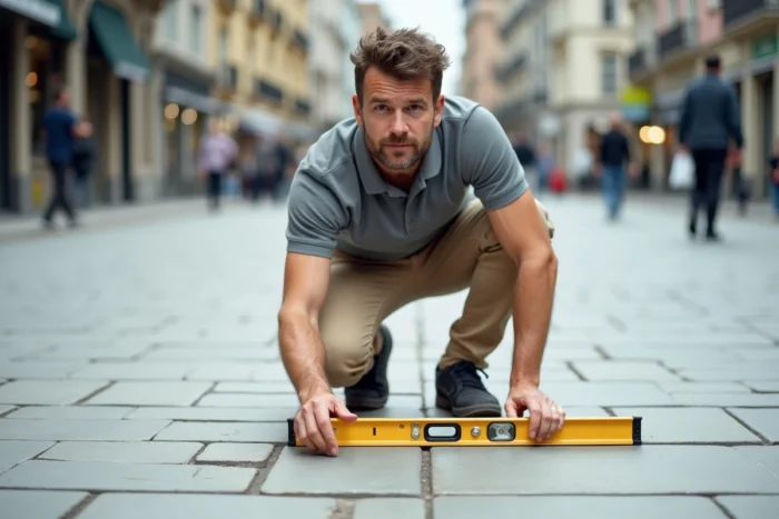 Homme utilisant un niveau de charpentier pour illustrer l'alignement horizontal et vertical sur une place urbaine pavée