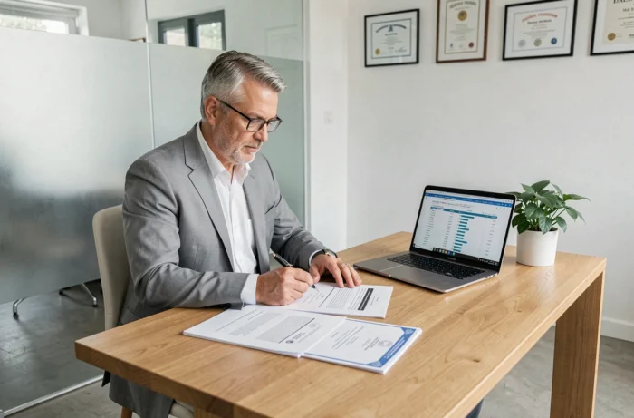 Notaire belge examinant un contrat immobilier dans un bureau moderne et professionnel