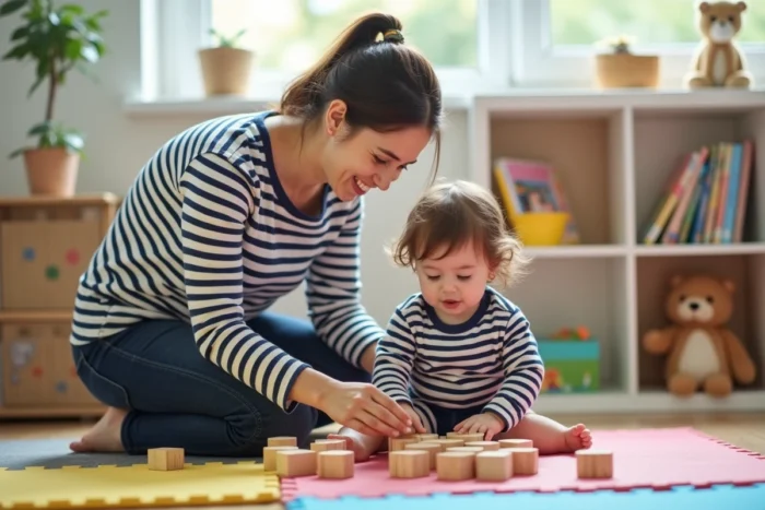 Nounou de confiance jouant avec un enfant en bas âge dans une salle de jeux colorée