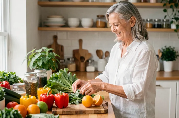 Nutritionniste préparant des légumes frais et colorés dans une cuisine moderne pour illustrer une alimentation saine